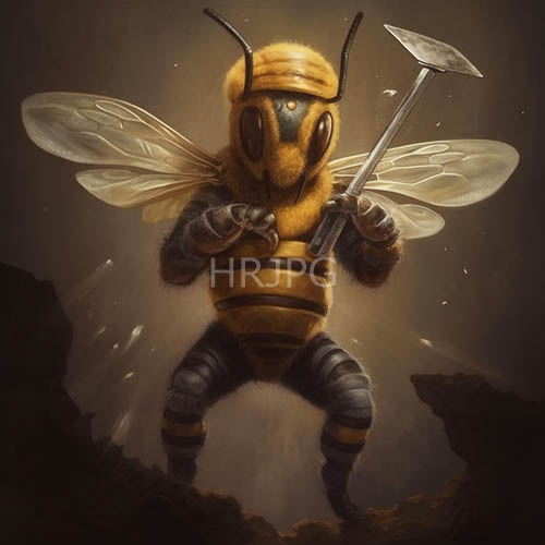 expressive bee emerges from segmented anatomy with rugged unforgiving backdrop