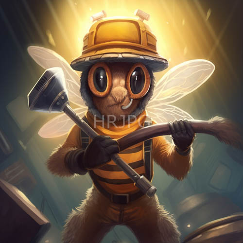 anthropomorphized bee commands attention within shadowy industrial expanse under amber glow