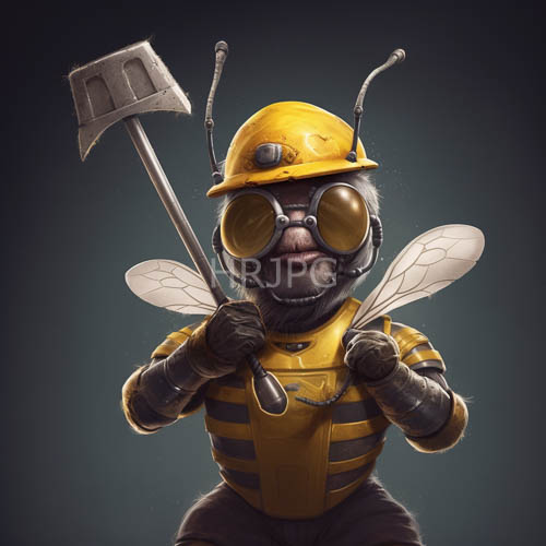 self aware bee laborer amidst industrial backdrop with glimmering light reflections