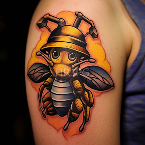 High Resolution: Cartoonish Bee Adorned with Safety Helmet on Orange Background download. | HRJPG.com