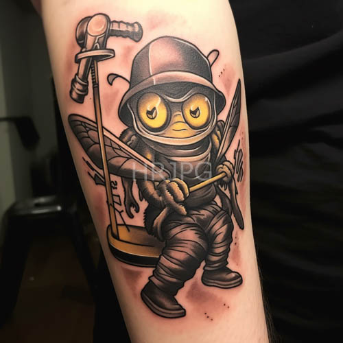 insect warriors in tactical gear on arm tattoo display precision linework and whimsy