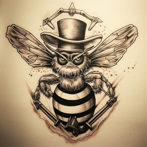 human faced insect with intricate tattoo artistry on vintage paper