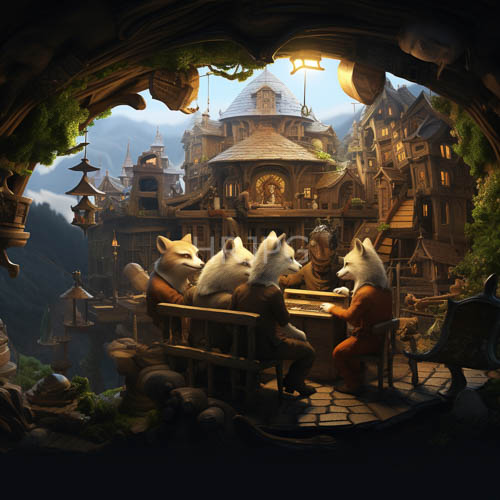 High Resolution: Four Anthropomorphic Foxes Gather Around a Heavy Wooden Table in Earthy Brown Robes download. | HRJPG.com