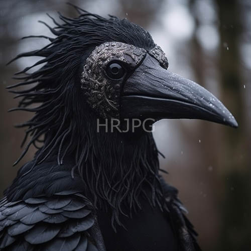 observing the intricate plumage of a corvid in a misty woodland environment