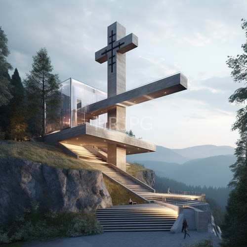 modern abstract cross silhouette dominates rugged hillside landscape of amber and violet tones