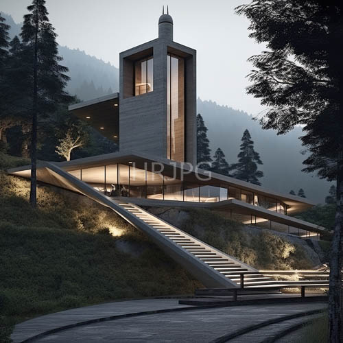 High Resolution: Angular Concrete Silhouettes Emerge Amidst Pine Forest Landscape Amidst Dusk download. | HRJPG.com