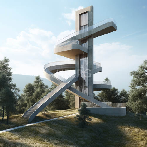 modernist architecture meets lush verdant landscape with geometric precision casting shadows