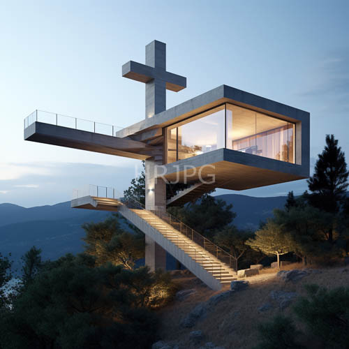 modern minimalist residence emerges on craggy mountainside at twilight with geometric roof extension dominating silhouette