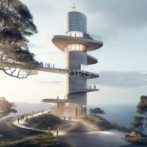 concrete tower converges with verdant hills textured surfaces and glass enclosures