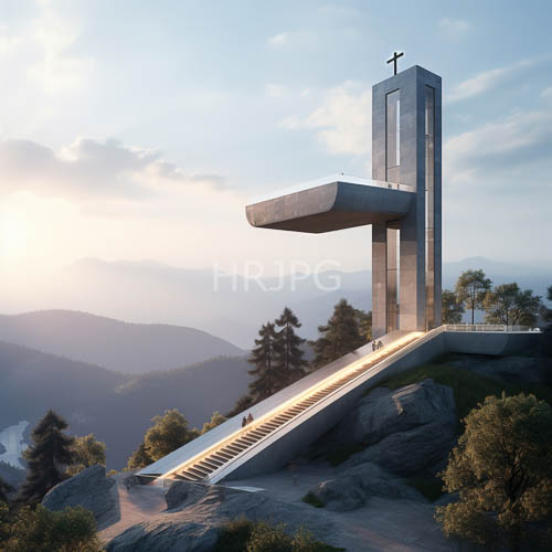 sleek concrete form rises atop jagged rocky promontory in muted purple light