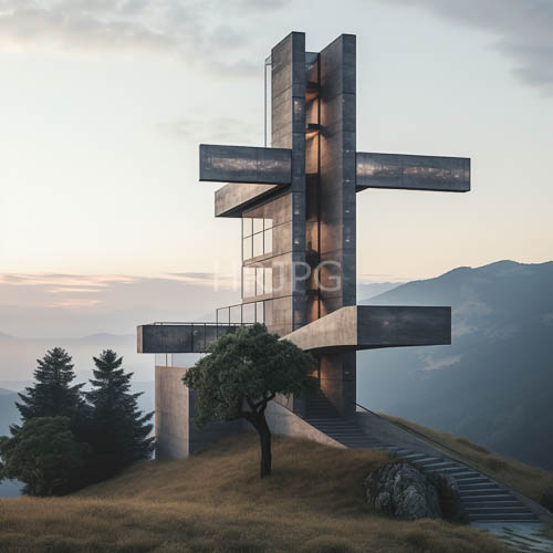 High Resolution: Modern Concrete Form Intersects Grassy Hilltop with Precise Angular Geometries and Glass Facades download. | HRJPG.com