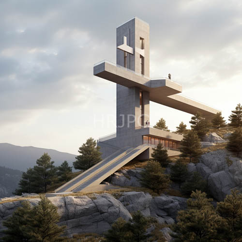 monolithic concrete form rising above jagged rocky terrain in pine forest landscape