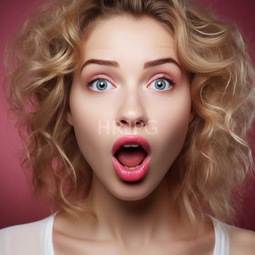 caucasian woman in maroon backdrop with honeyblonde hair and blue eyes captured in moment of astonishment