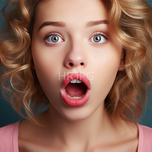 caucasian woman captures astonishment with cascading curls and emeraldgreen eyes in teal background