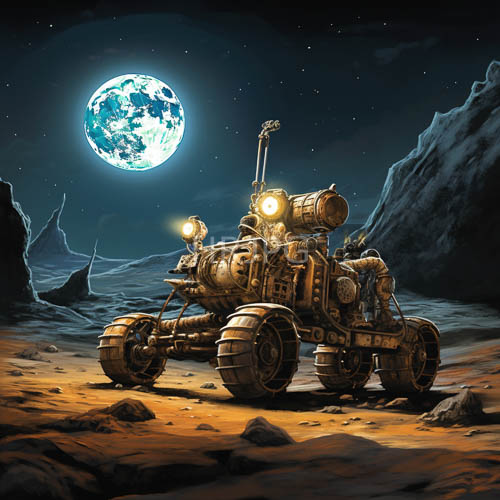 steampunk rover traverses desolate lunar expanse with intricate brasstoned gears and exposed pistons