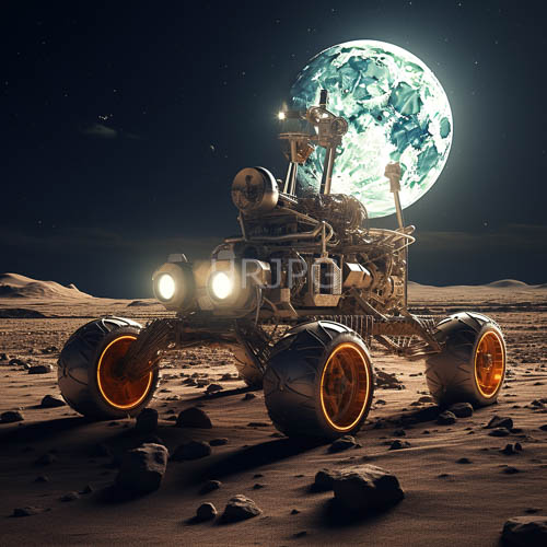 moonlit astral expedition terrain exploration via sixwheeled rover navigation across cratered lunar regolith
