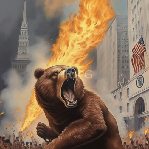 figurative bear commands center stage amidst primeval fury and crumbling cityscape