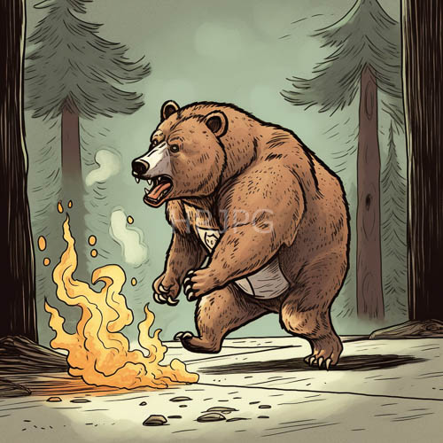 colossal brown bear dominates clearing amidst mistshrouded woodland with primal roar and searing orange flames