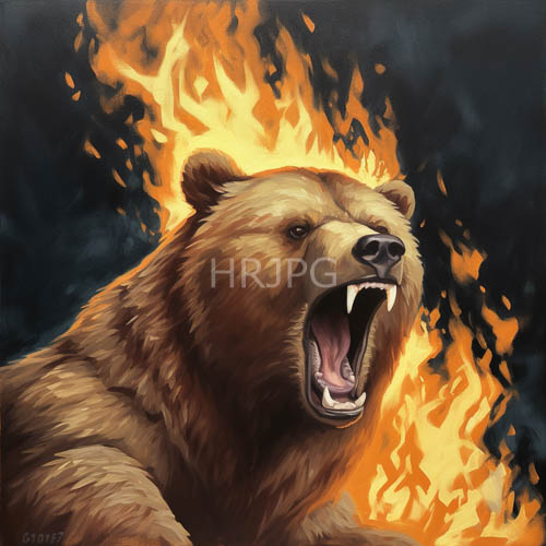 grizzly bear fury captured in textured moment of aggressive confrontation with erupting flames in a darkened landscape