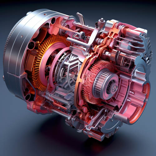 engine cylindrical form intersects fuchsia accents in industrial shadowplay setting