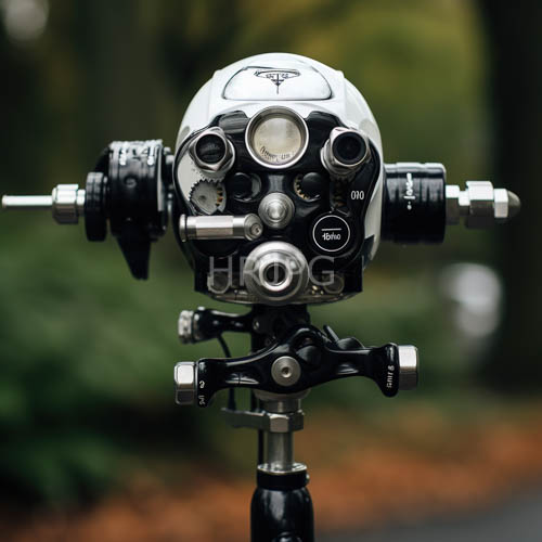 High Resolution: Utilitarian Precision Engineering Meets Vintage Aesthetics in Steampunk Camera Assembly with Verdant Surroundings download. | HRJPG.com