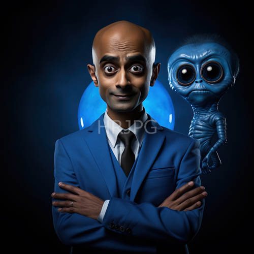 confident men standing amidst alien figures in navy spaces with rich blue suit