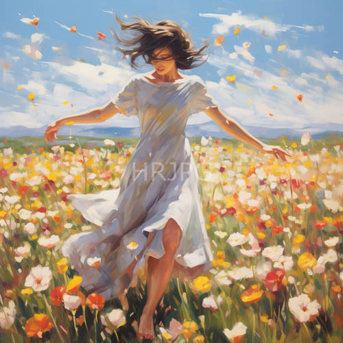 amberhued petals sway in rhythmic harmony with an ethereal figure in a lush meadow