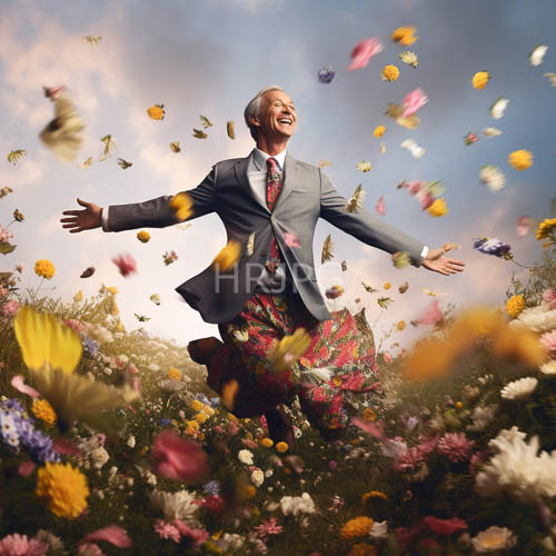 meadow light unfolds vitality of older gentleman in midair leap of joy and fashion