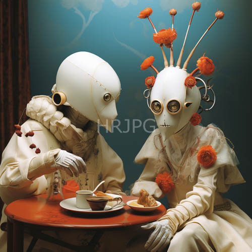 enigmatic humanoid figures in porcelainwhite masks with vibrant orange pompoms and tactile garments