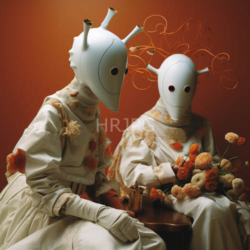 floralpatterned robes in avantgarde composition with futuristic masks and organic elegance