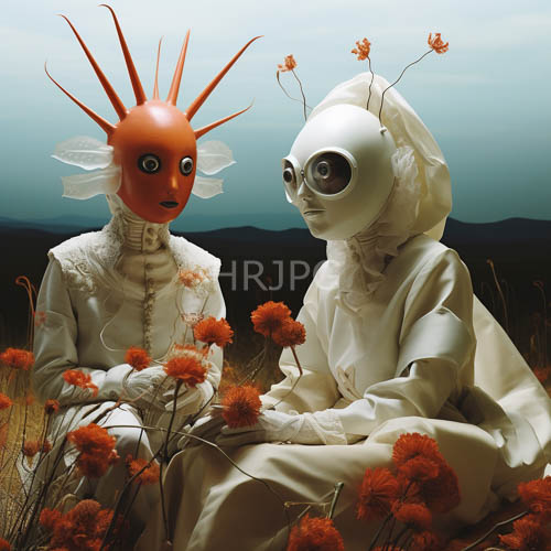 victorianera lace contrasts with spiky headgear amidst orange blossoms and rugged mountain peaks