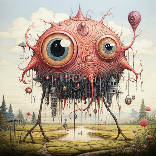 tone downed sky unveils an unsettling entity of organic rigidity and luminous pink eyes