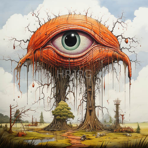 surreal sentinel stands dominating verdant landscape with piercing luminous green eye