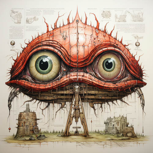 organic monstrosity meets mechanical precision in weathered wooden limbs and crimson eyes