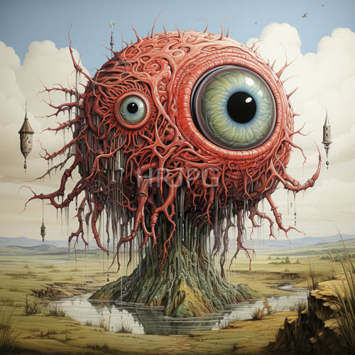 High Resolution: Surreal Creature in Luminous Green Eyes Amidst Isolated SlateGray Landscape download. | HRJPG.com