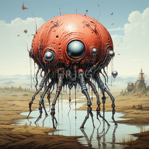 garnet hued metallic entity emerges from shallow water in desolate landscape setting