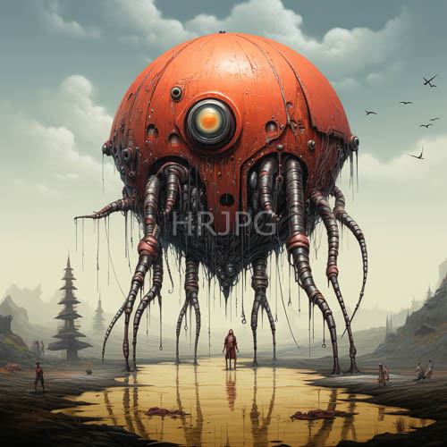 rivet bound monolith curves into imposing metallic sphere on desolate barren horizon with reality fracturing into surrealism
