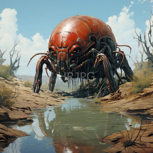 colossal metallic arachnid dominates parched landscape with crystalline sky