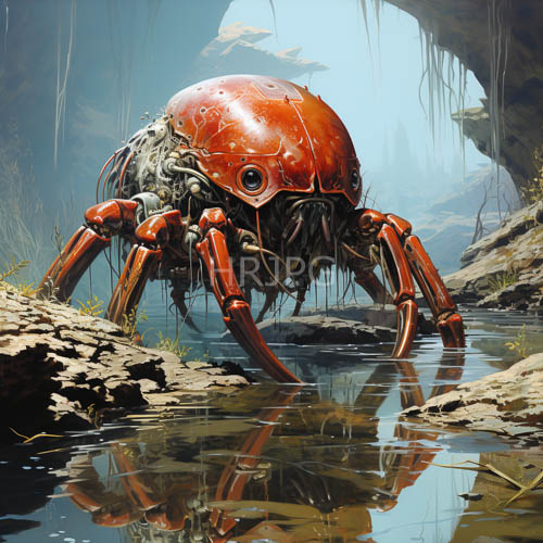 burnished insect emerge amidst damp rugged boulders under subterranean gloom