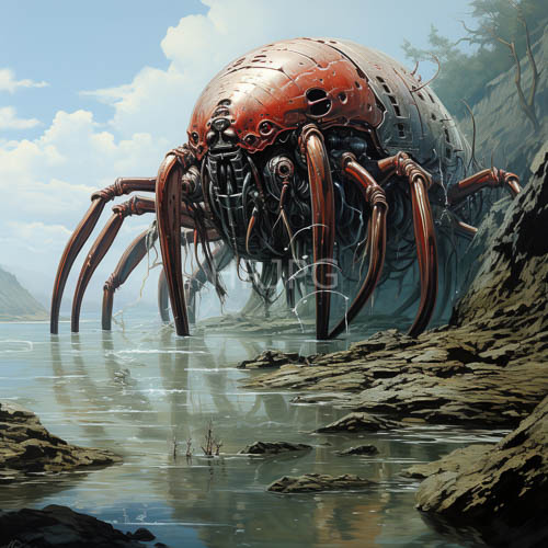 instrumental arachnid dominates serene coastal basin with crimson and metal