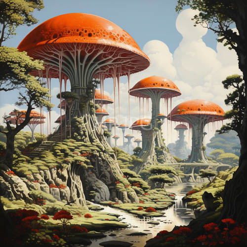 fungal monoliths rise in saturated redorange against emerald ferns and azure skies