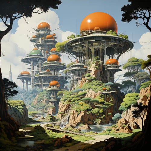 High Resolution: Tech-Forward Landscape Dominated by Vibrant Orange Domes Amidst Rocky Cliffs and Lush Greenery download. | HRJPG.com