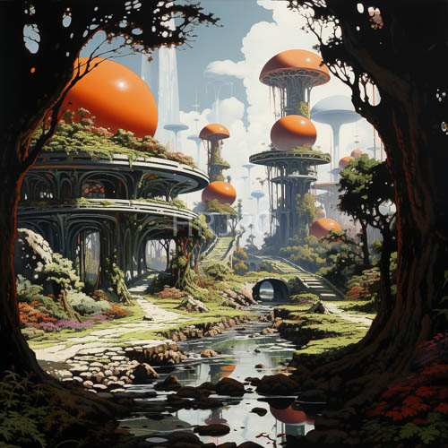 emergent orange domes punctuate verdant sanctuary with geometric presence amidst tangled ruins landscape