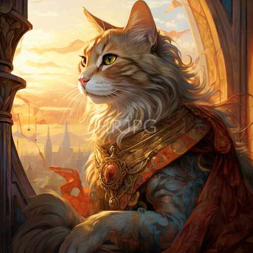 medieval plate metal armor clad regal orange tabbies survey surroundings under dying suns