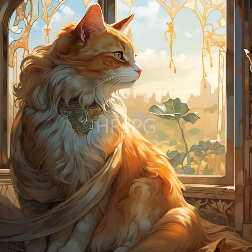 High Resolution: HoneyGold Light Cascades Through Ornate Window Illuminating Regal Orange Tabby Cat Silhouette download. | HRJPG.com