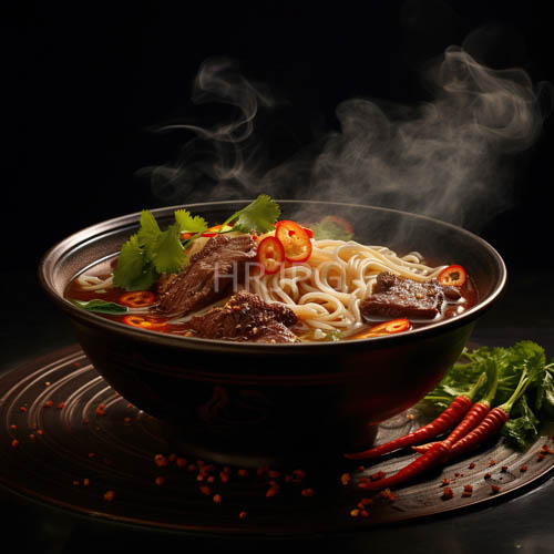 artisanal noodles with thinly sliced beef and spicy cilantro in earthy ceramic vessel