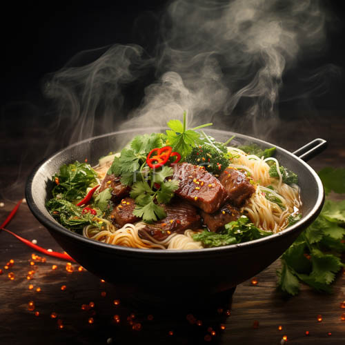savory aromas emerge from iron skillet with mahoganyhued soy glaze and succulent beef ribbons