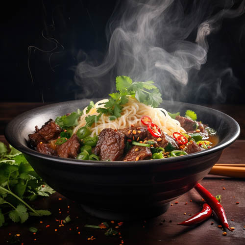 savory beef broth emanates steamy aromas from matte black ceramic vessel amidst weathered wooden table