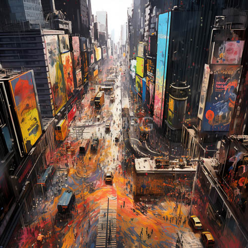 downtown frenzy captured in chaotic metropolis midrush hour with towering skyscrapers and illuminated billboards