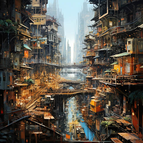 monoliths thrust toward unseen zenith crafting urban labyrinth with multifaceted structures blending industrial metal glass and timber